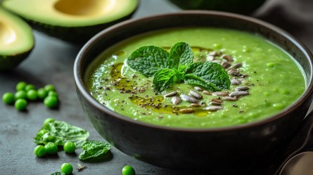 Schale mit Erbsen-Avocado-Suppe