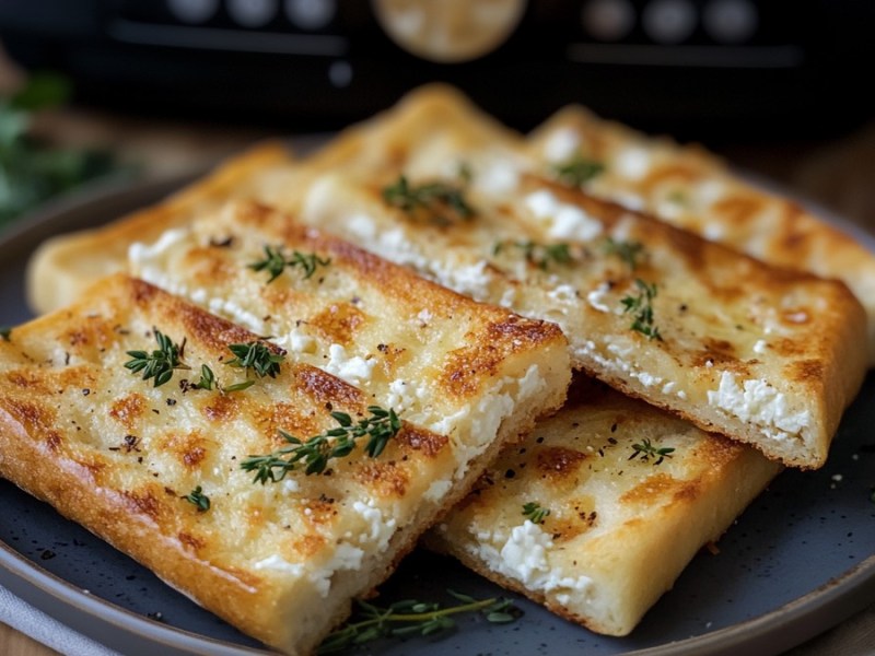 Übereinander gestapeltes Feta-Brot aus dem Airfryer auf einem Teller.