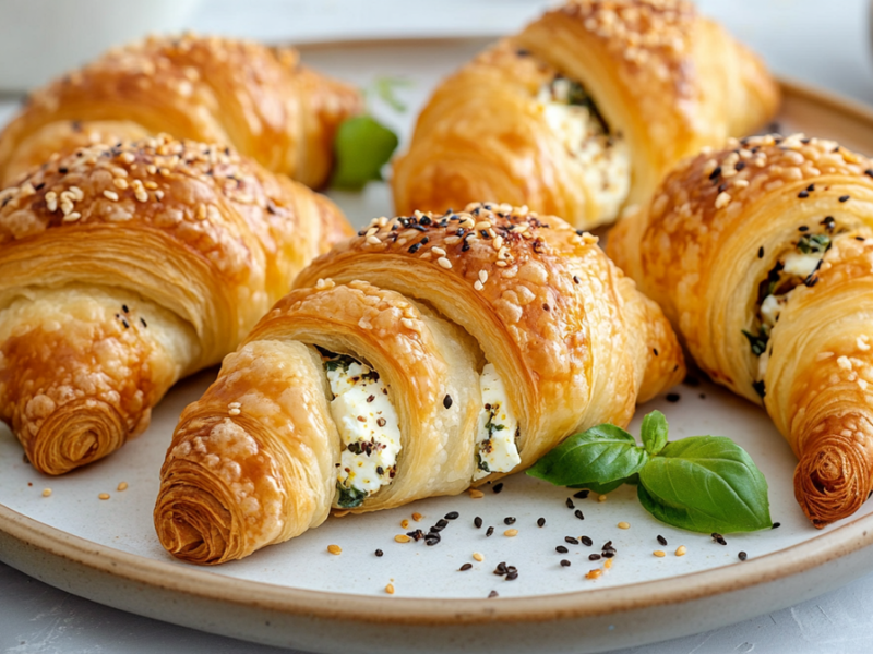 Ein Teller mit einigen Feta-Croissants, die mit Sesam und Schwarzkümmel dekoriert sind. Auf dem Teller liegen einige Blätter frisches Basilikum sowie Sesam und Schwarzkümmel. Im Hintergrund ist eine Schale mit zerbröseltem Feta zu erkennen.