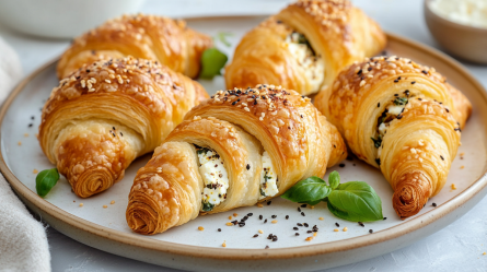 Ein Teller mit einigen Feta-Croissants, die mit Sesam und Schwarzkümmel dekoriert sind. Auf dem Teller liegen einige Blätter frisches Basilikum sowie Sesam und Schwarzkümmel. Im Hintergrund ist eine Schale mit zerbröseltem Feta zu erkennen.