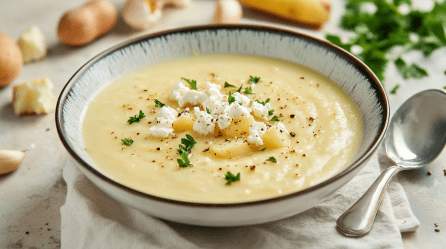 Eine Schüssel Feta-Kartoffel-Suppe, garniert mit Feta und Petersilie.