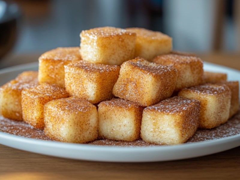 French-Toast-Würfel auf einem Teller gestapelt.