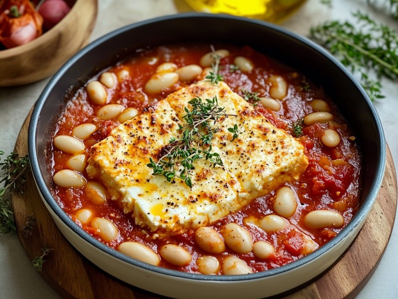 Auflaufform mit gebackenem Feta mit Riesenbohnen