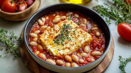 Auflaufform mit gebackenem Feta mit Riesenbohnen