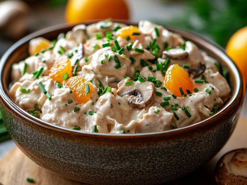 Eine Schüssel Geflügelsalat mit Mandarinen und Pilzen. Drumherum einige Zutaten.