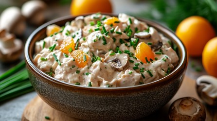 Eine Schüssel Geflügelsalat mit Mandarinen und Pilzen. Drumherum einige Zutaten.