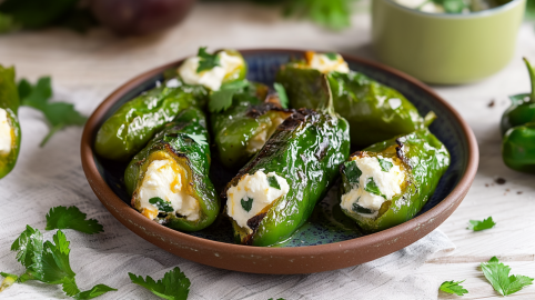 Mehrere gefüllte Bratpaprika liegen auf einem Teller. Um sie verteilt liegen frische Kräuter. Rechts und links im Bild sieht man weitere Paprika, im Hintergrund eine Schale mit Frischkäsefüllung.