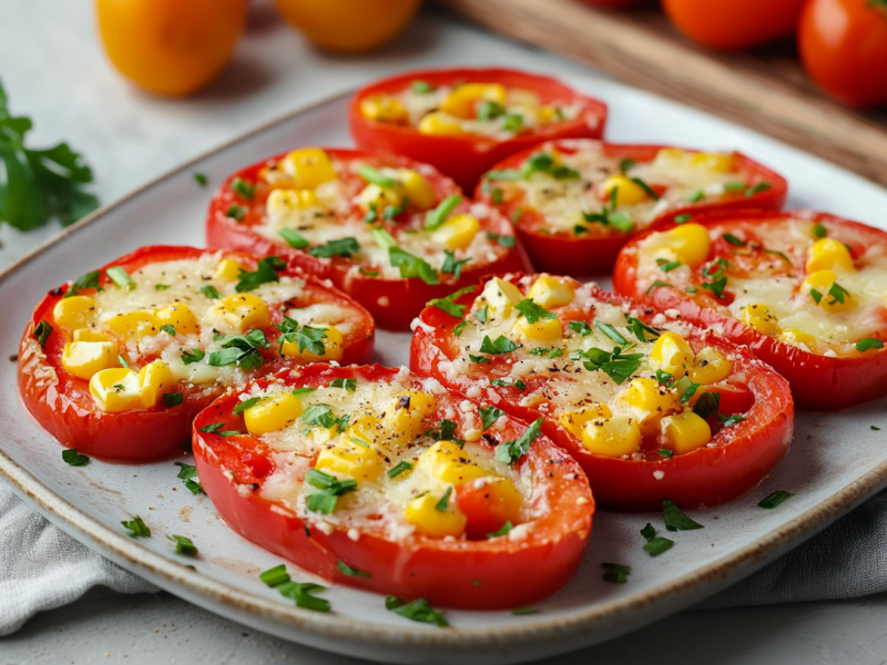 Sieben gefüllte Paprikaringe liegen auf einem Teller. Sie sind mit Käse, Mais und Paprikawürfeln gefüllt. Im Hintergrund sieht man rote Tomaten und gelbe Paprika. Links neben dem Teller liegen weitere Kräuter.