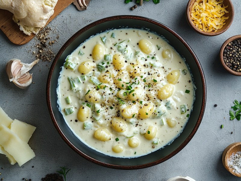 Pfanne mit Gnocchi in Lauch-Rahmsoße, Zutaten daneben