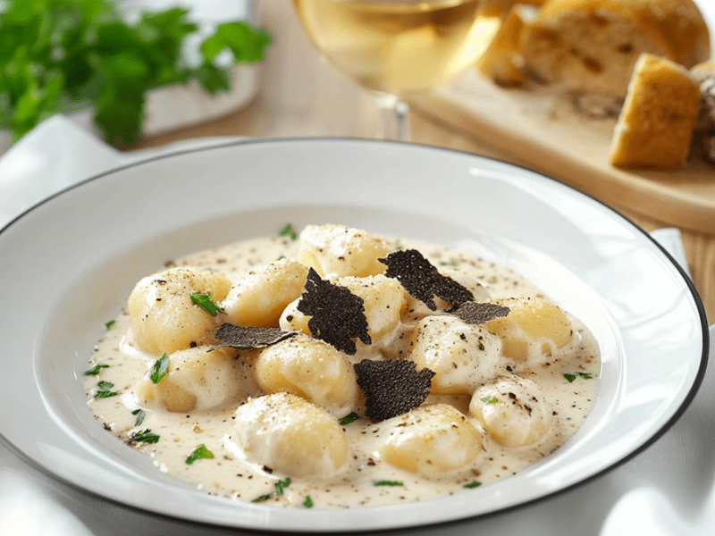 Ein Teller mit einer Portion Gnocchi mit Ziegenkäse und Trüffel. Die Gnocchi sind in einer Trüffel-Sahnesoße, die mit frischer Petersilie verfeinert ist, serviert. Außerdem sind die Gnocchi mit gehobelten Trüffelscheiben garniert. Im Hintergrund ist ein Holzbrett mit aufgeschnittenem Baguette zu sehen. Der Teller steht auf einer weißen, drapierten Stoffserviette. Außerdem liegt ein Bund frischer Petersilie herum.
