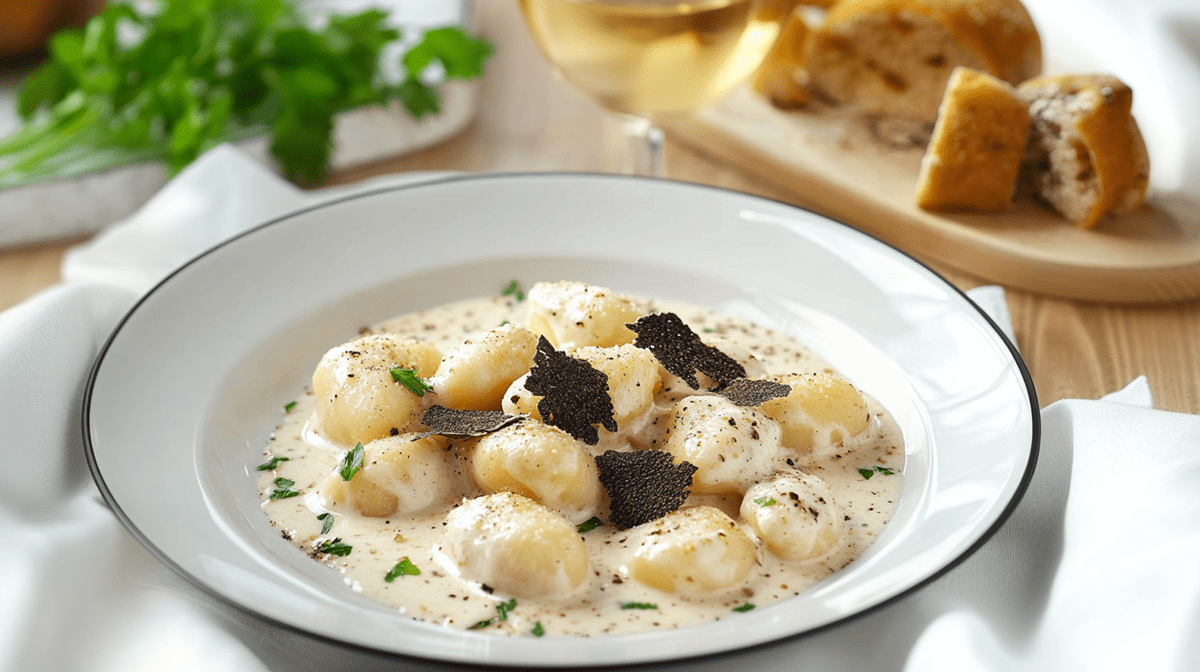 Ein Teller mit einer Portion Gnocchi mit Ziegenkäse und Trüffel. Die Gnocchi sind in einer Trüffel-Sahnesoße, die mit frischer Petersilie verfeinert ist, serviert. Außerdem sind die Gnocchi mit gehobelten Trüffelscheiben garniert. Im Hintergrund ist ein Holzbrett mit aufgeschnittenem Baguette zu sehen. Der Teller steht auf einer weißen, drapierten Stoffserviette. Außerdem liegt ein Bund frischer Petersilie herum.