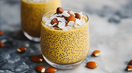 Zwei Gläser mit Golden-Milk-Chia-Pudding, die mit Mandeln und Kokosflocken garniert sind. Um die Gläser herum liegen Mandeln verstreut.