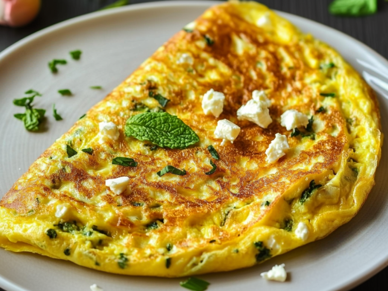 Griechisches Feta-Omelett auf einem hellen Teller, garniert mit Feta und Minze.