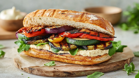 Ein Holzbrett auf dem ein Grillgemüse-Sandwich liegt, das mit Hummus bestrichen und mit etwas Rucola sowie gegrillter Aubergine, Zucchini und Paprika belegt ist. Um das Sandwich liegen vereinzelt Rucolablätter und frische Kräuter. Im Hintergrund ist eine Schale mit Hummus und eine leere Holzschale zu erkennen, genauso wie mehr frische Kräuter.