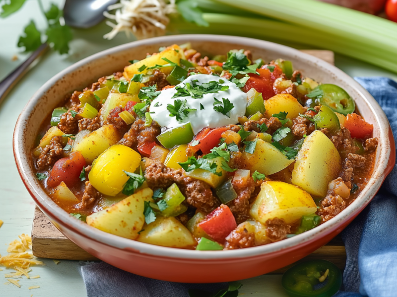 Eine Schale mit buntem Chili con Carne in einer roten Schüssel steht auf einem Holzbrett. Rechts daneben liegt ein blaues Tuch. Im Hintergrund sieht man eine Stange Staudensellerie, einen Löffel und eine Kartoffel.