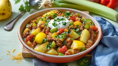 Eine Schale mit buntem Chili con Carne in einer roten Schüssel steht auf einem Holzbrett. Rechts daneben liegt ein blaues Tuch. Im Hintergrund sieht man eine Stange Staudensellerie, einen Löffel und eine Kartoffel.