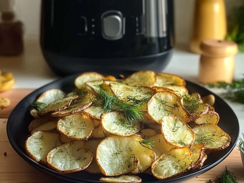 Schale mit Gurken-Dill-Chips und Heißluftfritteuse im Hintergrund