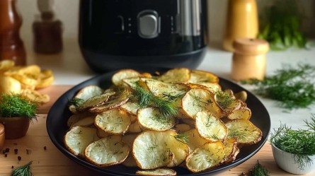 Schale mit Gurken-Dill-Chips und Heißluftfritteuse im Hintergrund