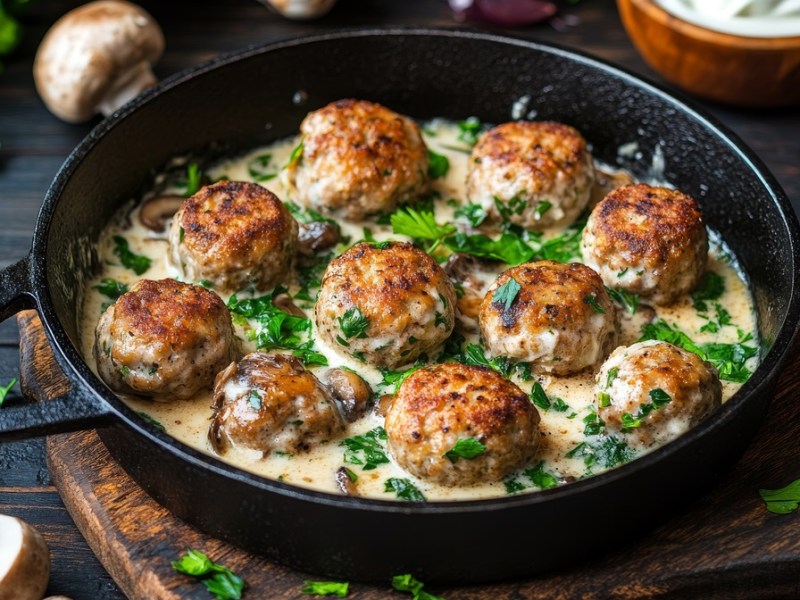 Pfanne mit Hackbällchen in Champignonsoße