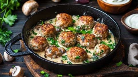 Pfanne mit Hackbällchen in Champignonsoße