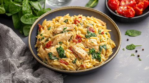 Ein großer Teller mit einer Portion Hähnchen-Orzo-Pfanne, die Spinat, frische und getrocknete Tomaten sowie Parmesan enthält und mit frischem Pfeffer garniert ist. Neben dem Teller liegt ein Küchenhandtuch. Außerdem liegt frischer Babyspinat herum und es ist eine Schale mit geschmorten Tomaten zu sehen.