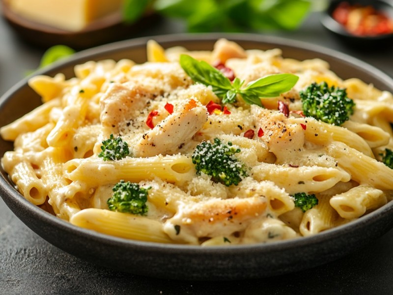 Teller mit Hähnchen-Brokkoli-Pasta