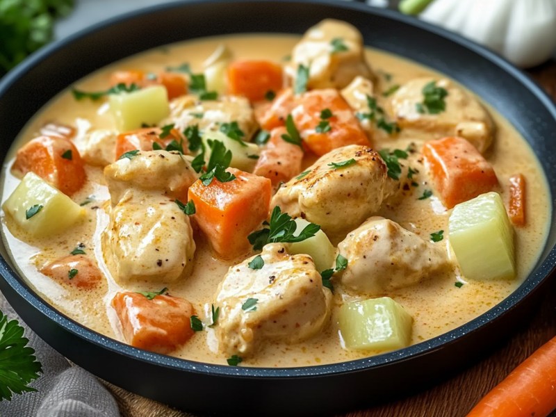 Kohlrabi-Hähnchen-Pfanne auf einem Tisch