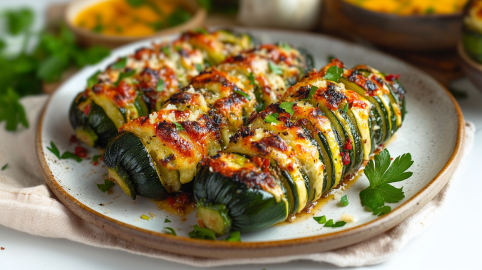 Drei Hasselback-Zucchini liegen auf einem Teller. Sie sind mit Käse überbacken und mit frischen Kräutern bestreut. Der Teller steht auf einem beigen Tuch. Im Hintergrund sieht man frische Kräuter und Schalen mit Soßen.