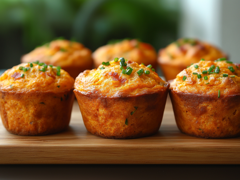 Eine Arbeitsfläche aus Holz auf der einige herzhafte Süßkartoffel-Muffins stehen. Die Süßkartoffel-Muffins beinhalten Schnittlauch, Parmesan und Schinkenwürfel. Im Hintergrund kann man verschwommen Pflanzen erkennen.