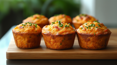 Eine Arbeitsfläche aus Holz auf der einige herzhafte Süßkartoffel-Muffins stehen. Die Süßkartoffel-Muffins beinhalten Schnittlauch, Parmesan und Schinkenwürfel. Im Hintergrund kann man verschwommen Pflanzen erkennen.