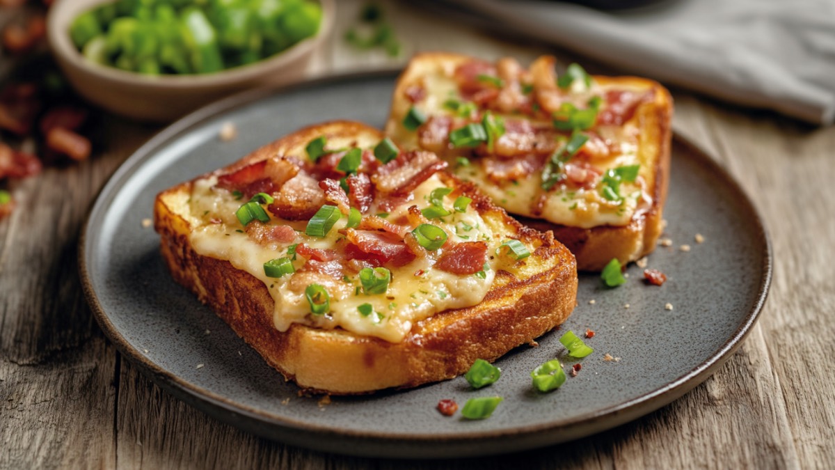 Zwei Scheiben herzhafter French Toast mit Speck und Käse auf einem Teller.