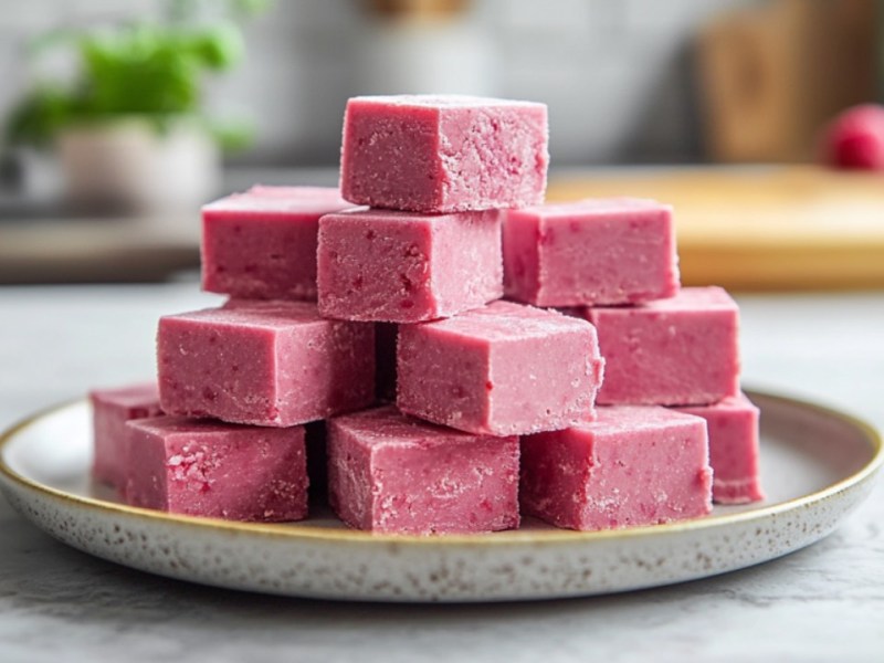 Ein Stapel Himbeer-Kokos-Fudge auf einem Teller.