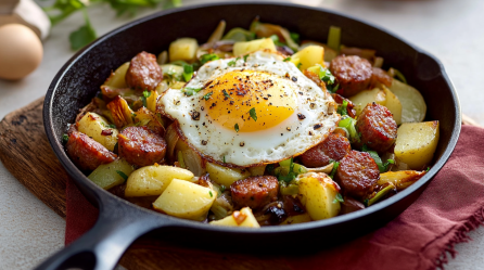 Holzfällerpfanne: Kartoffel-Lauch-Pfanne mit Wurst und Spiegelei.