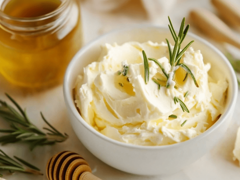 Honig-Rosmarin-Butter in einer Schüssel, garniert mit Rosmarin. Daneben steht ein Glas Honig.