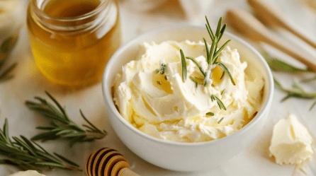Honig-Rosmarin-Butter in einer Schüssel, garniert mit Rosmarin. Daneben steht ein Glas Honig.