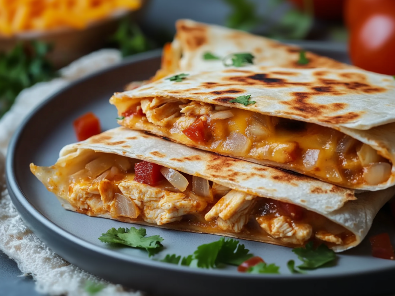 Zwei Hühnchen-Quesadillas liegen auf einem grauen Teller. Sie sind mit Hähnchenbrust, Paprika, Zwiebeln und Käse gefüllt. Im Hintergrund seht man noch frische Kräuter liegen sowie eine Schale mit geriebenem Käse.