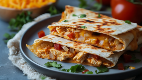 Zwei Hühnchen-Quesadillas liegen auf einem grauen Teller. Sie sind mit Hähnchenbrust, Paprika, Zwiebeln und Käse gefüllt. Im Hintergrund seht man noch frische Kräuter liegen sowie eine Schale mit geriebenem Käse.
