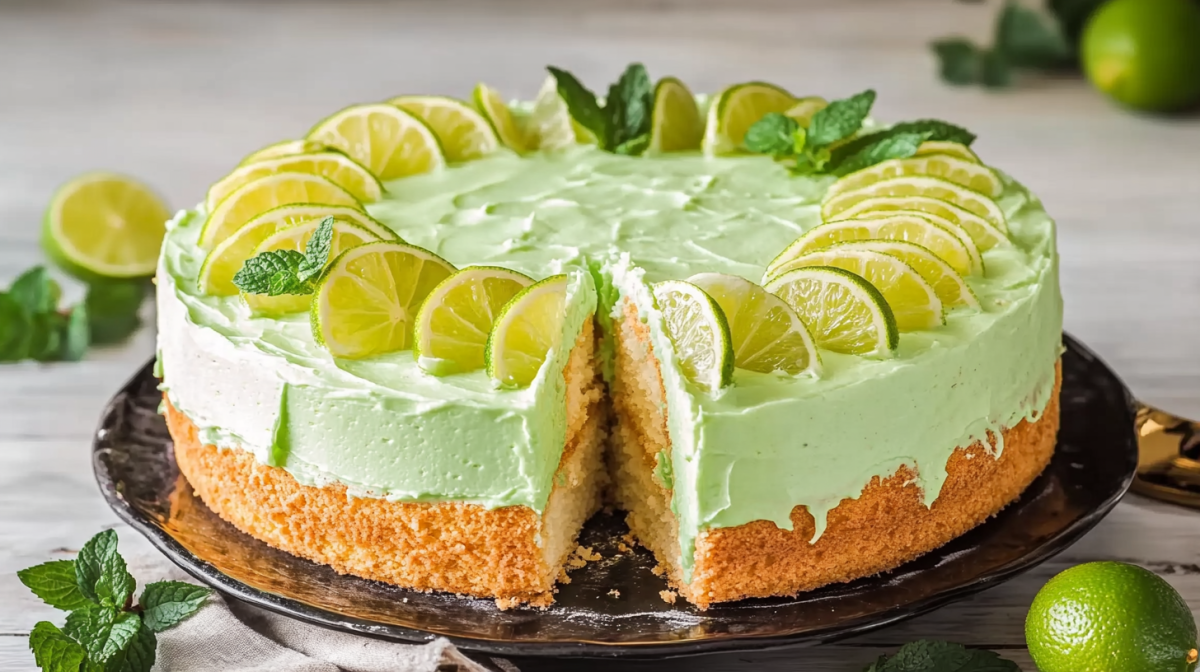 Hugo-Torte, dekoriert mit Limetten und Minze, auf einem Kuchenteller.