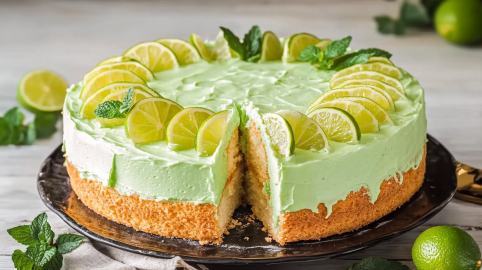 Hugo-Torte, dekoriert mit Limetten und Minze, auf einem Kuchenteller.