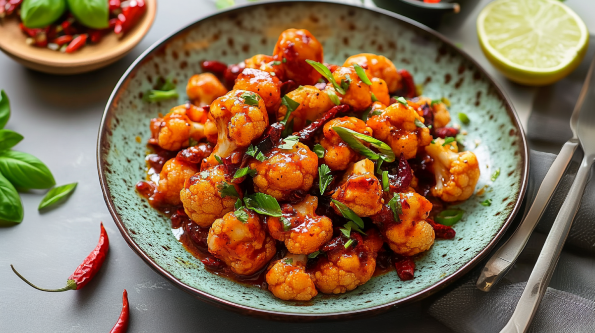 Gobi Manchurian: indische Blumenkohl-Wings auf einem hübschen Teller.