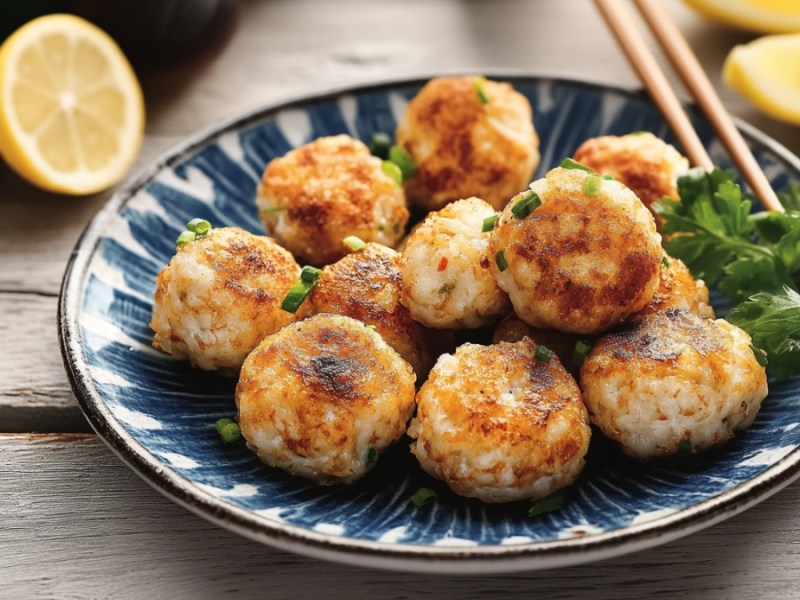Mehrere isländische Fischbällchen auf einem Teller. Daneben liegen halbierte Zitronen und Essstäbchen.