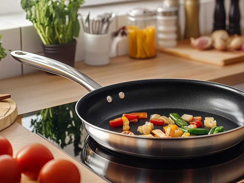 Eine Jamie Oliver Cooks Direct On Pfanne von Tefal, die auf einem Kochfeld steht. In der Pfanne liegt etwas gebratenes Gemüse. In der Küche die ringsum zu sehen ist, stehen Gefäße mit Kräutern, Kochzutaten und weitere Kochutensilien und Gewürzstreuer. Außerdem liegen ein paar einzelne Tomaten neben dem Herd und man kann ein Holzbrett auf der Arbeitsfläche daneben erkennen.