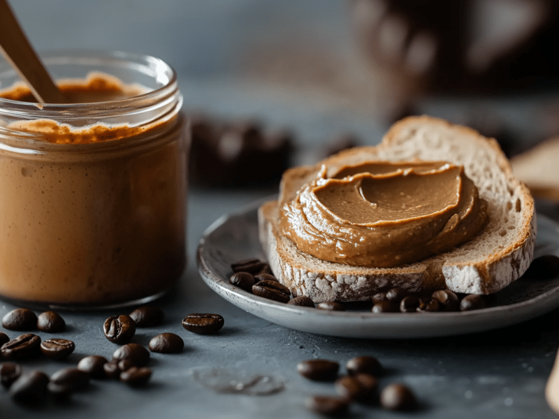 Ein Glas mit Kaffee-Aufstrich. Rechts daneben steht ein Teller mit einem Brot. Darauf ist ein wenig vom Kaffee-Aufstrich verteilt. Im Vordergrund liegen einige Kaffeebohnen verteilt. Im Hintergrund sieht man eine weitere Scheibe Brot.