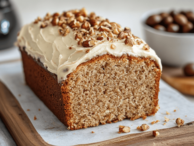 Ein aufgeschnittener Kaffee-Nuss-Kuchen mit Frischkäse-Frosting. Außerdem ist der Kuchen mit gehackten Nüssen getoppt. Der Kuchen liegt auf einem Stück Backpapier auf einem Holzbrett. In Hintergrund ist eine Schale mit Haselnüssen sowie ein Holzlöffel mit einzelnen Haselnüssen drauf zu sehen. Im Hintergrund kann man zudem eine Kaffeekanne mit schwarzem Kaffee erahnen.