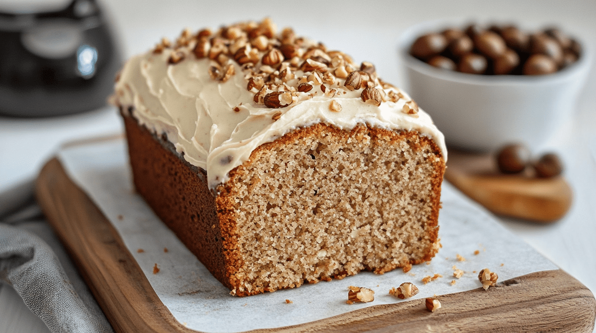 Ein aufgeschnittener Kaffee-Nuss-Kuchen mit Frischkäse-Frosting. Außerdem ist der Kuchen mit gehackten Nüssen getoppt. Der Kuchen liegt auf einem Stück Backpapier auf einem Holzbrett. In Hintergrund ist eine Schale mit Haselnüssen sowie ein Holzlöffel mit einzelnen Haselnüssen drauf zu sehen. Im Hintergrund kann man zudem eine Kaffeekanne mit schwarzem Kaffee erahnen.