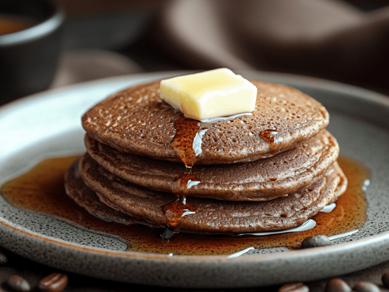 Ein Teller mit einem Stapel Kaffee-Pancakes, die mit einem kleinen Stück Butter und mit Ahornsirup serviert werden. Um den Teller herum liegen Kaffeebohnen. Im Hintergrund ist ein drapiertes braunes Tuch und eine Tasse Kaffee zu sehen.