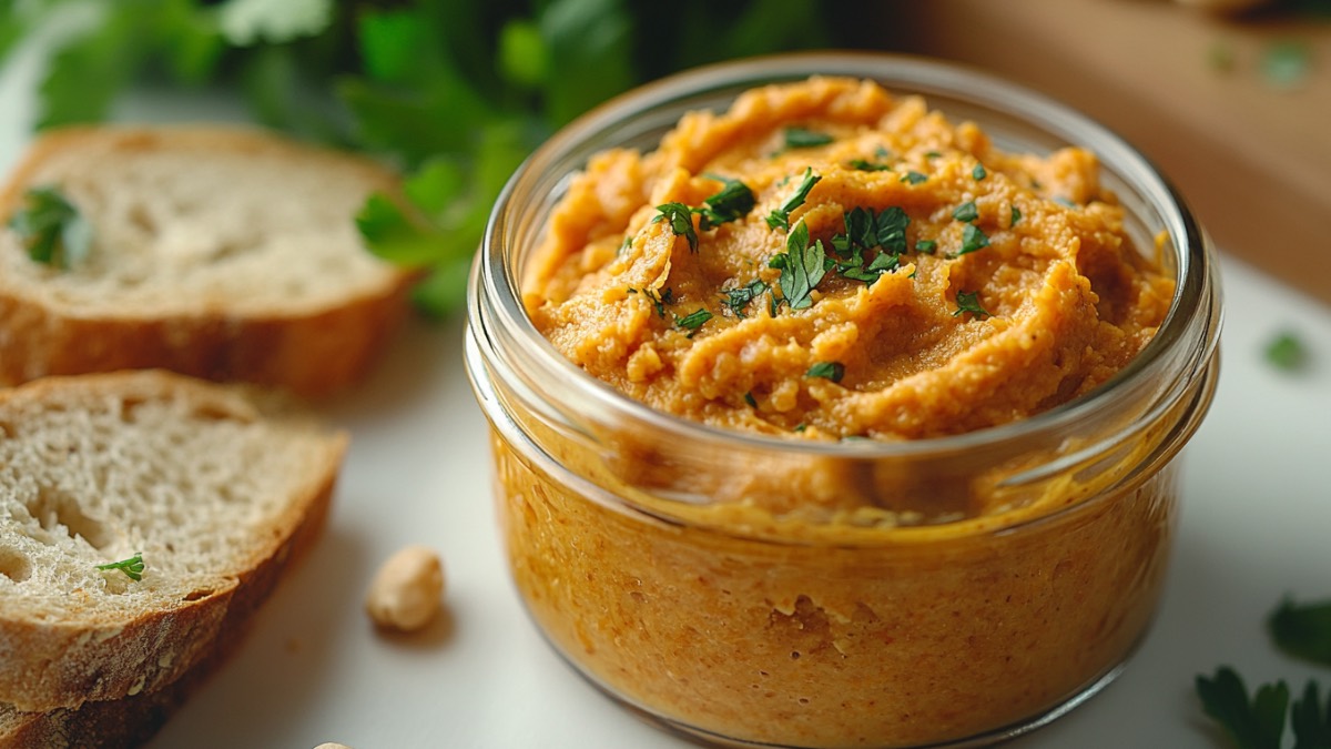 Ein Gläschen Karotten-Cashew-Aufstrich mit Ingwer. Daneben liegen Brotscheiben.
