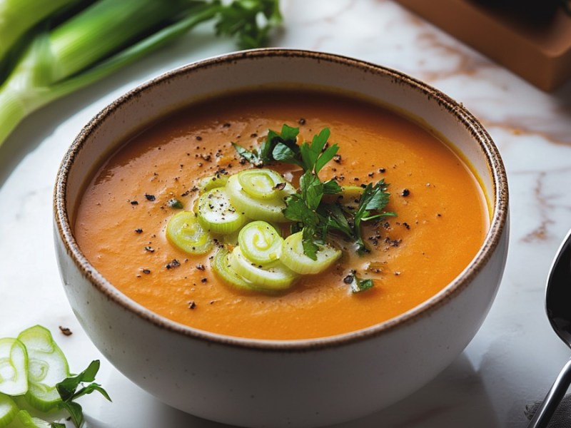 Eine Schüssel Karotten-Lauch-Suppe.