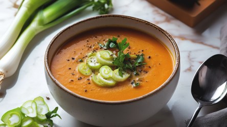 Eine Schüssel Karotten-Lauch-Suppe.