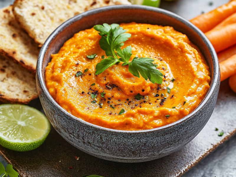 Karotten-Linsen-Aufstrich in einer grauen Schüssel, garniert mit Petersilie. Daneben liegen einige Scheiben Naan, frische Karotten und eine halbe Limette.